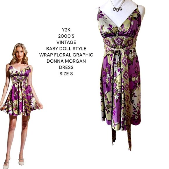 Y2K VINTAGE 00'S BABY DOLL STYLE DONNA MORGAN‎ FLORAL PATTERN WRAP SILKY DRESS 8 - Picture 1 of 4